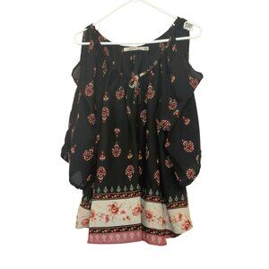 Liberty Love Womens 2XL Black Floral Paisley Peek A Boo Sleeves Blouse Top